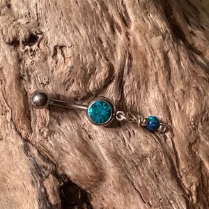 Stainless Steel Dark Aqua Cubic Zirconia 14G Barbell Belly Ring w/ Fire Opal